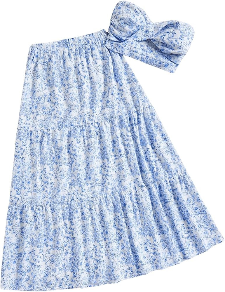 SOLY HUX Women's Summer 2 Piece Vacation Cruise Outfits Floral Print Tube Top and Maxi Skirt Set | Amazon (US)