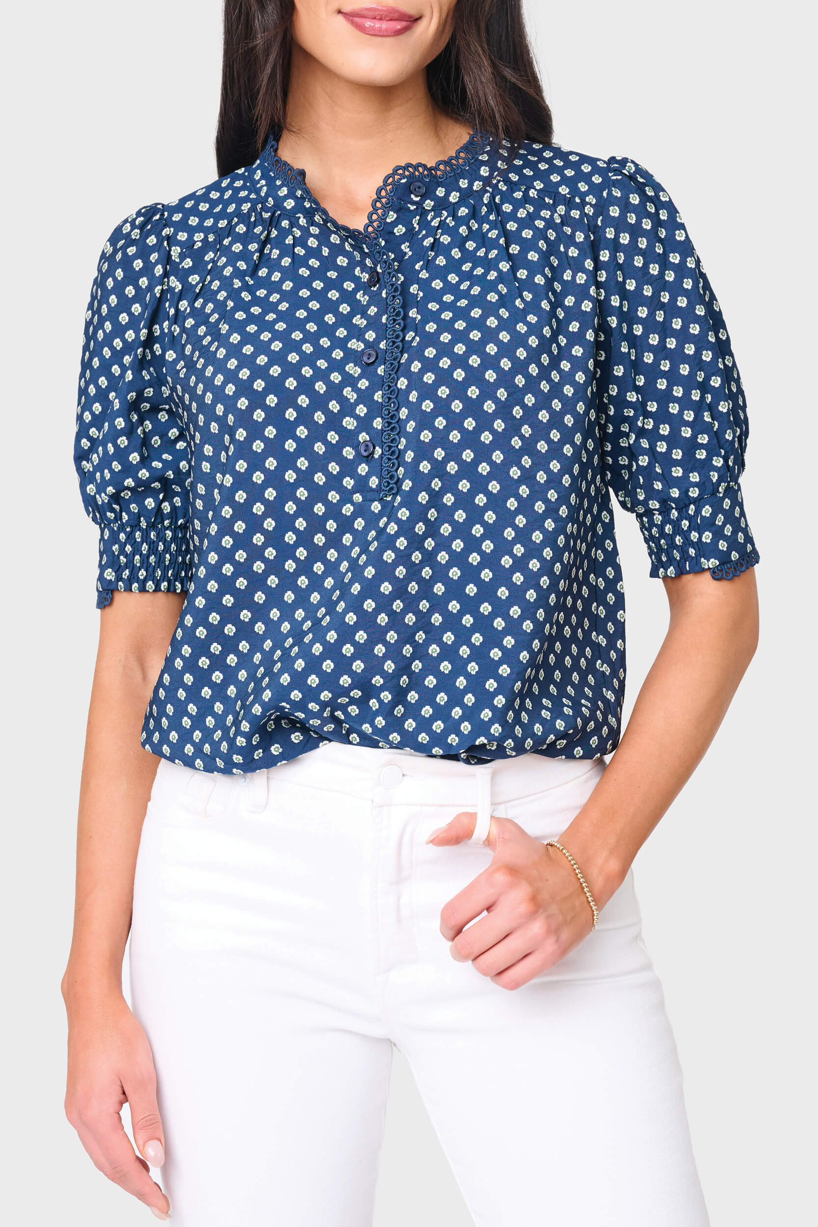 Dianthus Henley Crochet Trim Blouse | Feminine Spring Dot Top | Gibson