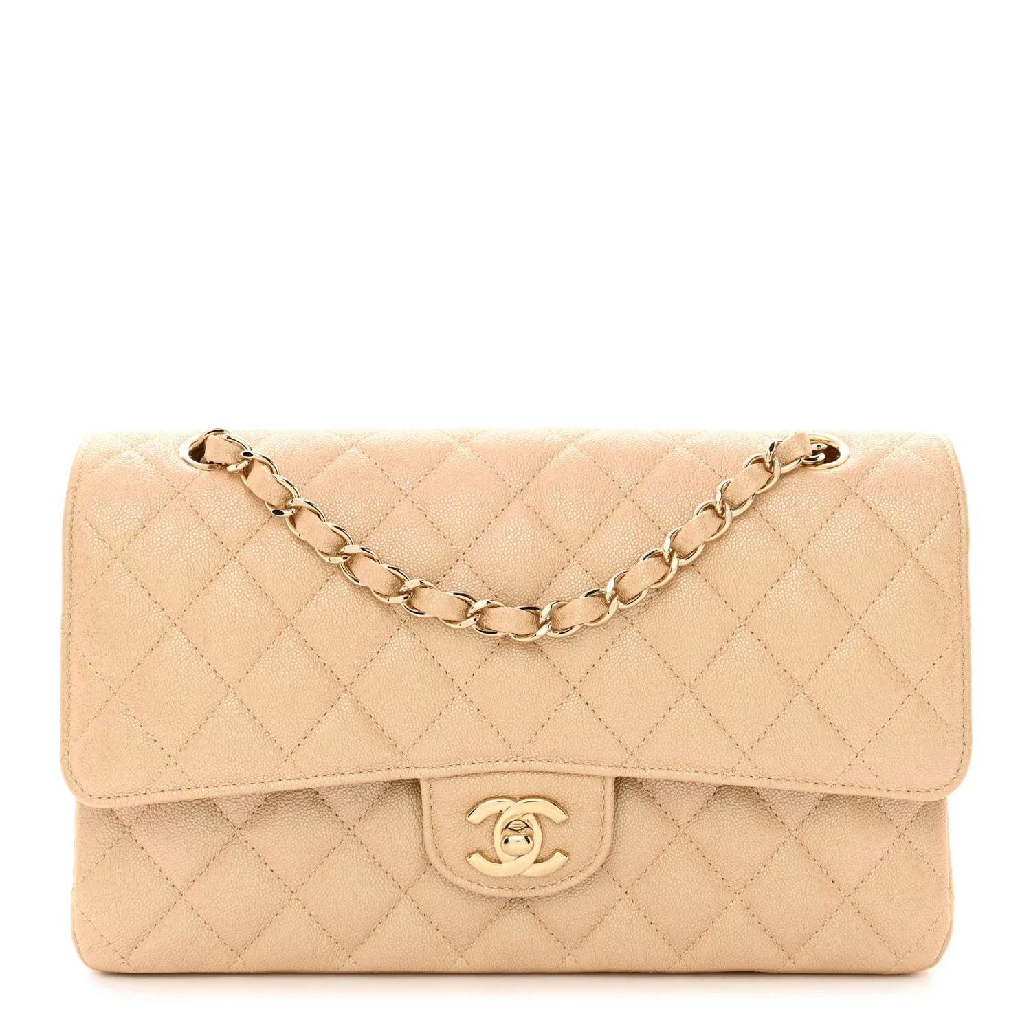 Iridescent Caviar Quilted Medium Double Flap Beige | FASHIONPHILE (US)