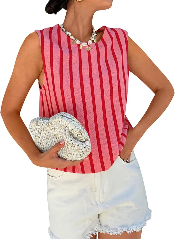 Tankaneo Womens Striped Tie Back Tank Tops Summer Casual Crewneck Sleeveless Shirts Loose Fit Ves... | Amazon (US)