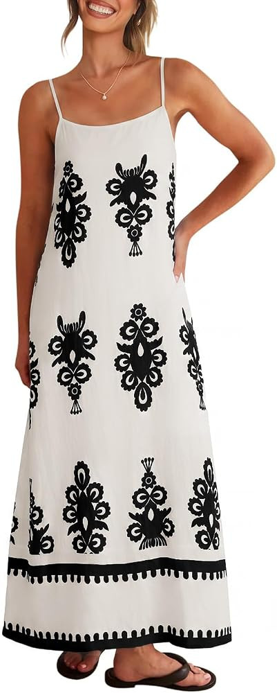 Glamaker Womens Summer Dresses 2026 Casual Floral Spaghetti Strap Flowy Maxi Dress Boho Sleeveles... | Amazon (US)