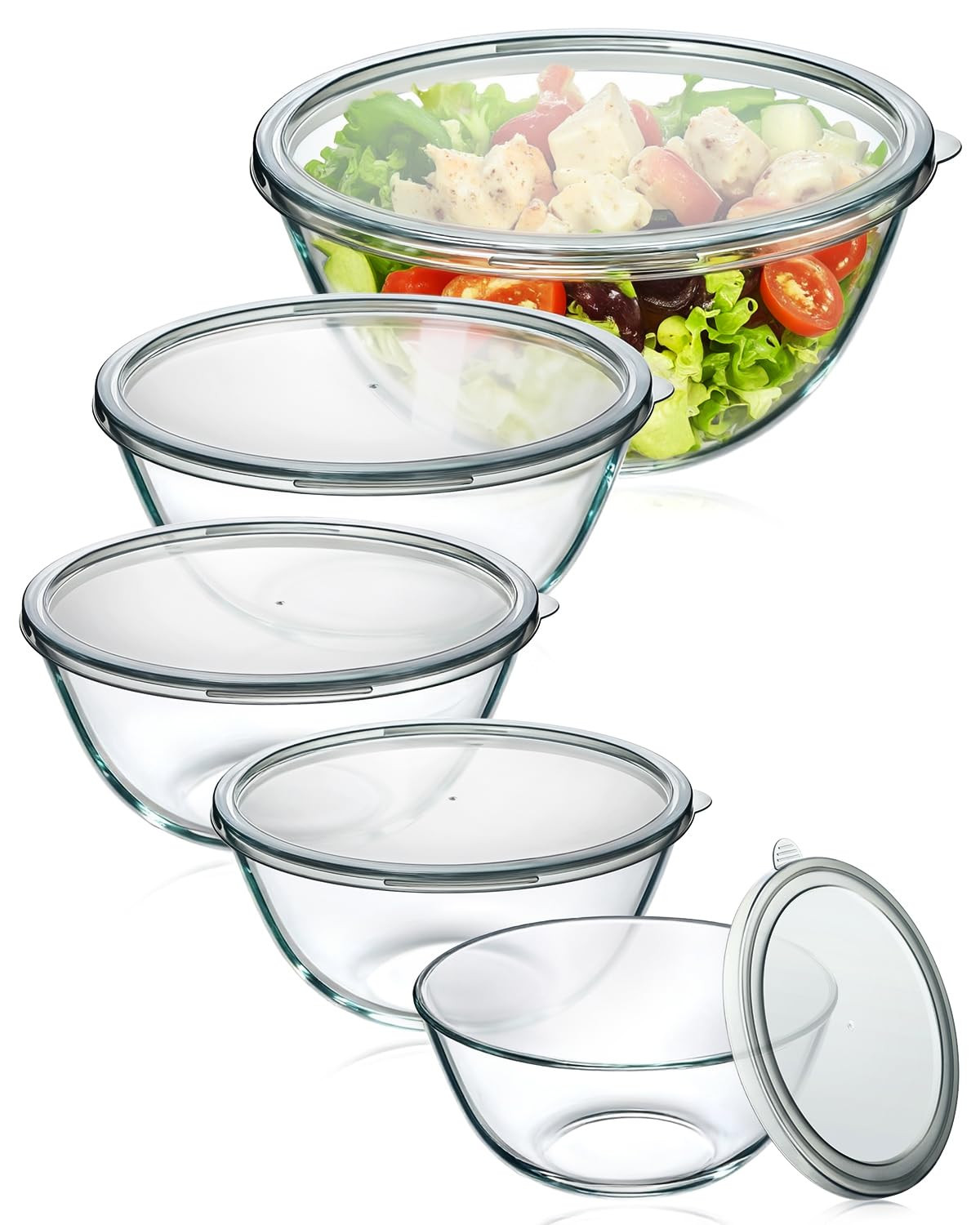 Glass Mixing Bowls with Lids Set of 5(4.78QT,2.2QT,1.7QT,1.1QT,0.85QT),Thick Glass Nesting Bowls ... | Amazon (US)