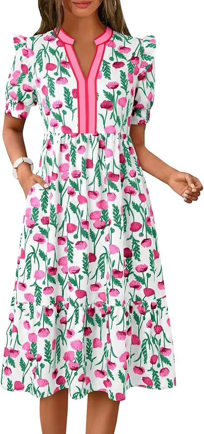 Wenrine Womens Summer Midi Dress Casual Floral Puff Short Sleeve V Neck Swing Flowy Boho Beach Dr... | Amazon (US)