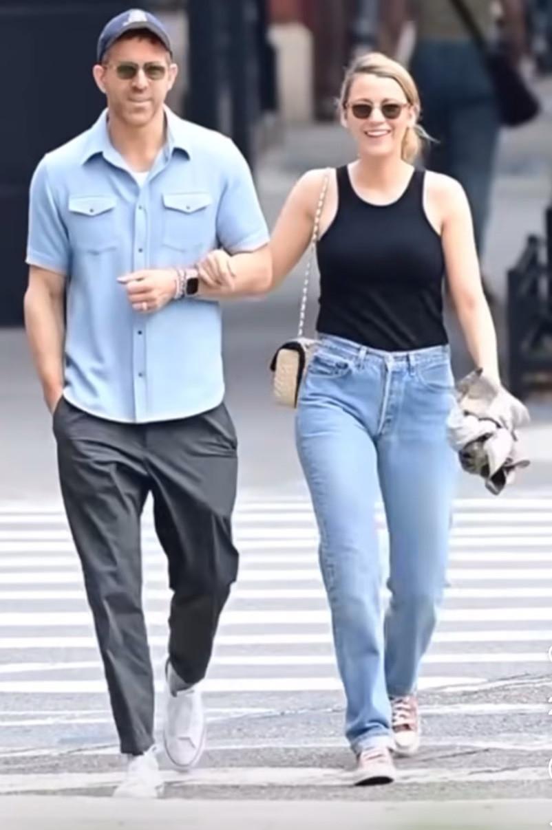 Shop Blake lively and Ryan Reynolds casual outfits out in New York City. Patch front pocket short sleeve shirts, Blake's rived racer neck turtleneck top, high waist straight leg jeans, orange color sneakers, Rafia flap gold tone braided bag #BlakeLively #RyanReynolds #CelebrityStyle

#LTKShoeCrush #LTKStyleTip #LTKFindsUnder100