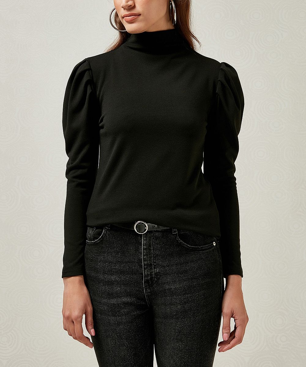 Milan Kiss Women's Turtlenecks BLACK - Black Puff-Sleeve Turtleneck - Women | Zulily