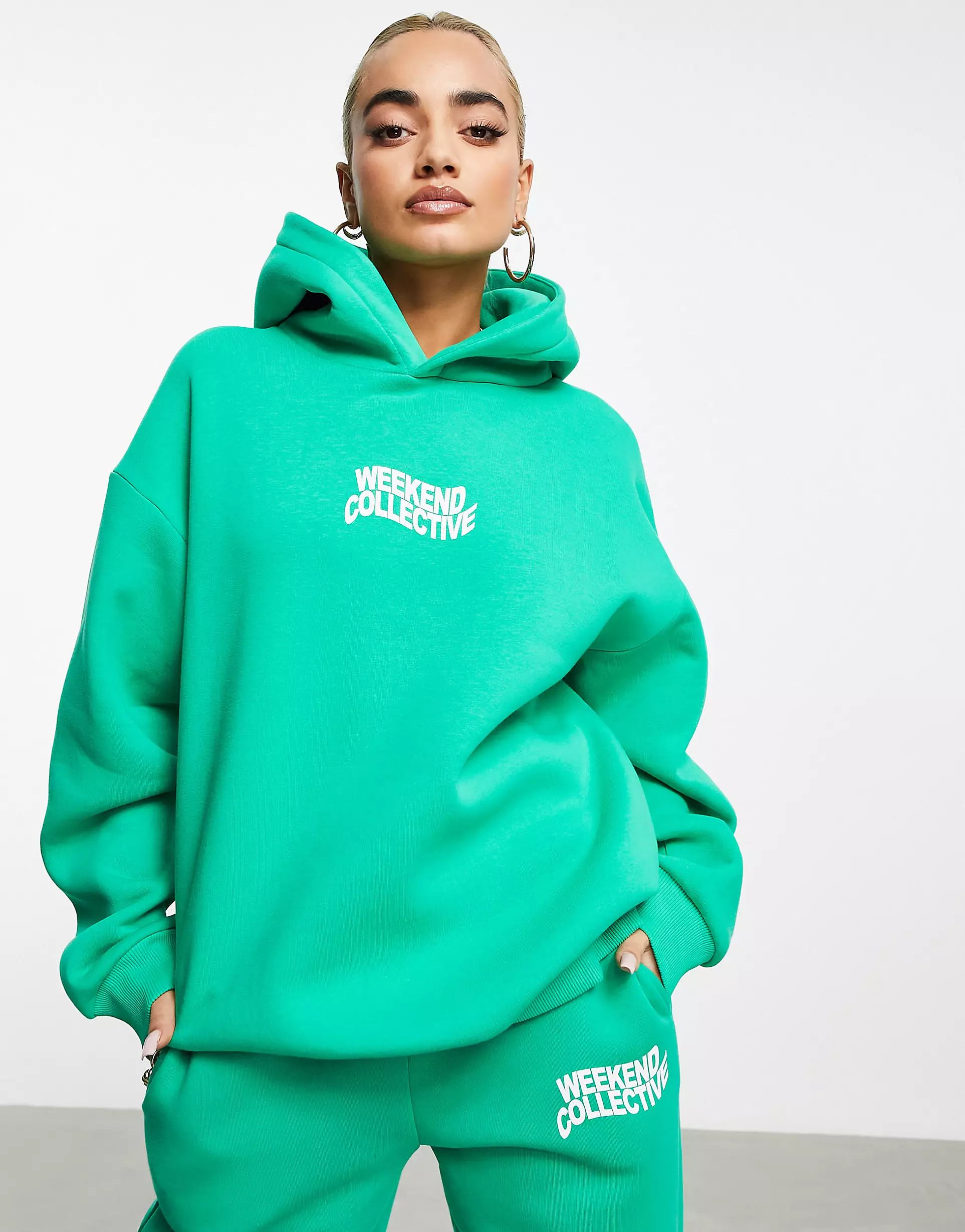 ASOS Weekend Collective oversized hoodie with wavy logo in bright green - part of a set | ASOS (Global)