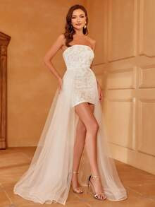 Floral Embroidery Mesh Overlay Tube Wedding Dress | SHEIN