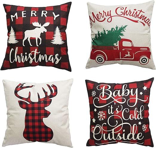 PSDWETS Christmas Decorations Pillow Covers Set of 4 Christmas Decor Cotton Linen Winter Deer Thr... | Amazon (US)