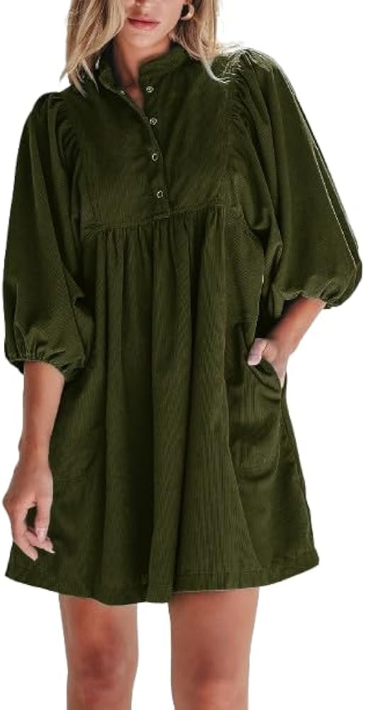 Womens Casual Dresses Corduroy Button Up Empire Waist 3/4 Sleeve Fall Winter Mini Babydoll Dress | Amazon (US)