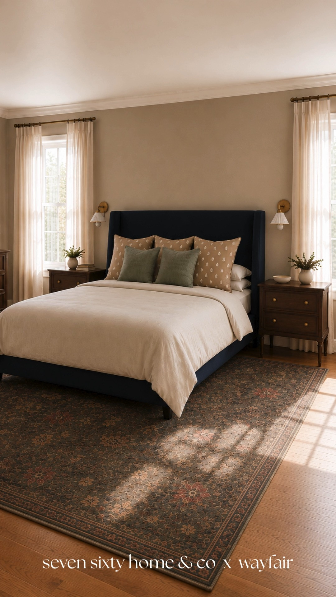 This entire bedroom look is from Wayfair ✨ Warm morning light, layered neutrals, a navy wingback bed, vintage inspired rug, dark walnut nightstands, and soft cream bedding create the perfect cozy heritage cottage bedroom. Loving the collected traditional feel, timeless color palette, and classic cottage styling throughout this primary bedroom design. Perfect for anyone searching cozy bedroom inspiration, Wayfair bedroom finds, traditional bedroom ideas, and warm neutral cottage decor.
 

 #LTKHome
