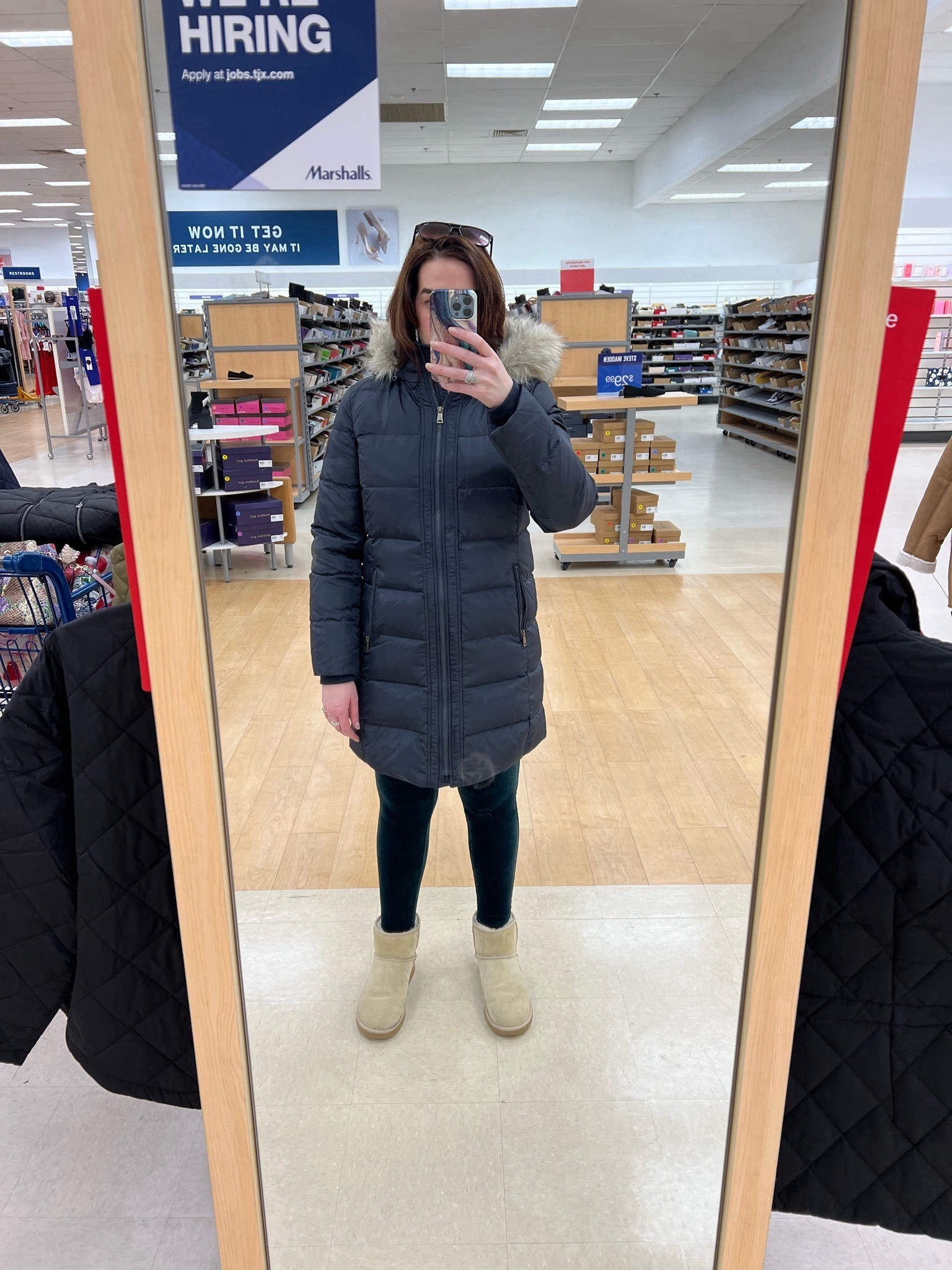 Marshalls Haul - Navy Puffer Jacket (size small). Velvet green leggings (size small). Uggs mini II in sand (size 9). #pufferjacket #puffer #jacket #leggings #velvetleggings #uggs #boots Winter Outfit 

#LTKfindsunder100 #LTKSeasonal #LTKstyletip