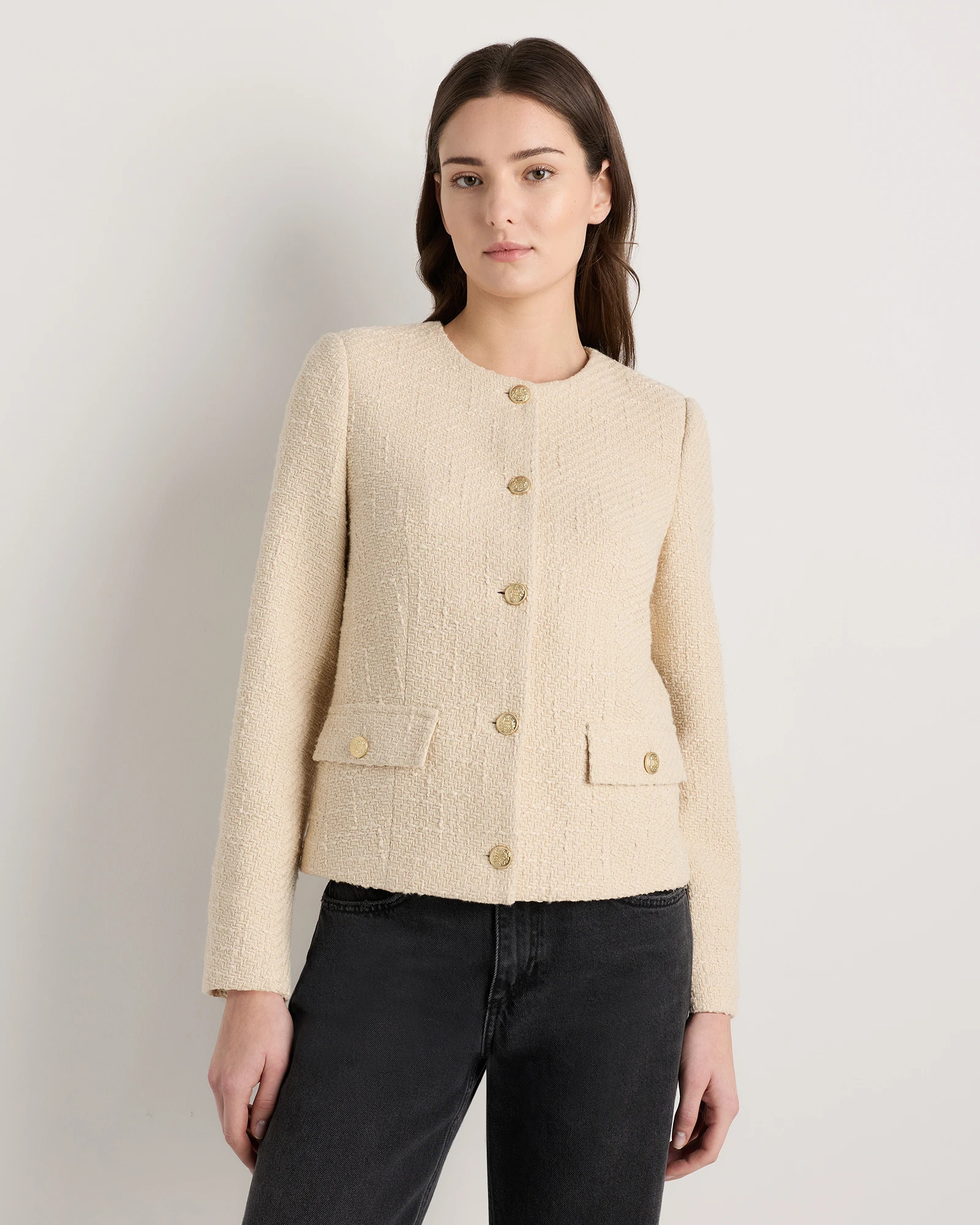 Quince | Women's Tweed Collarless Jacket in Deep Navy, Size XL, Organic Cotton | Quince