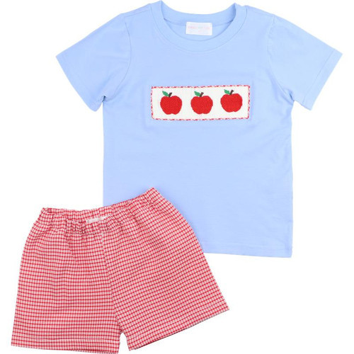 Red Seersucker Smocked Apple Short Set | Cecil and Lou