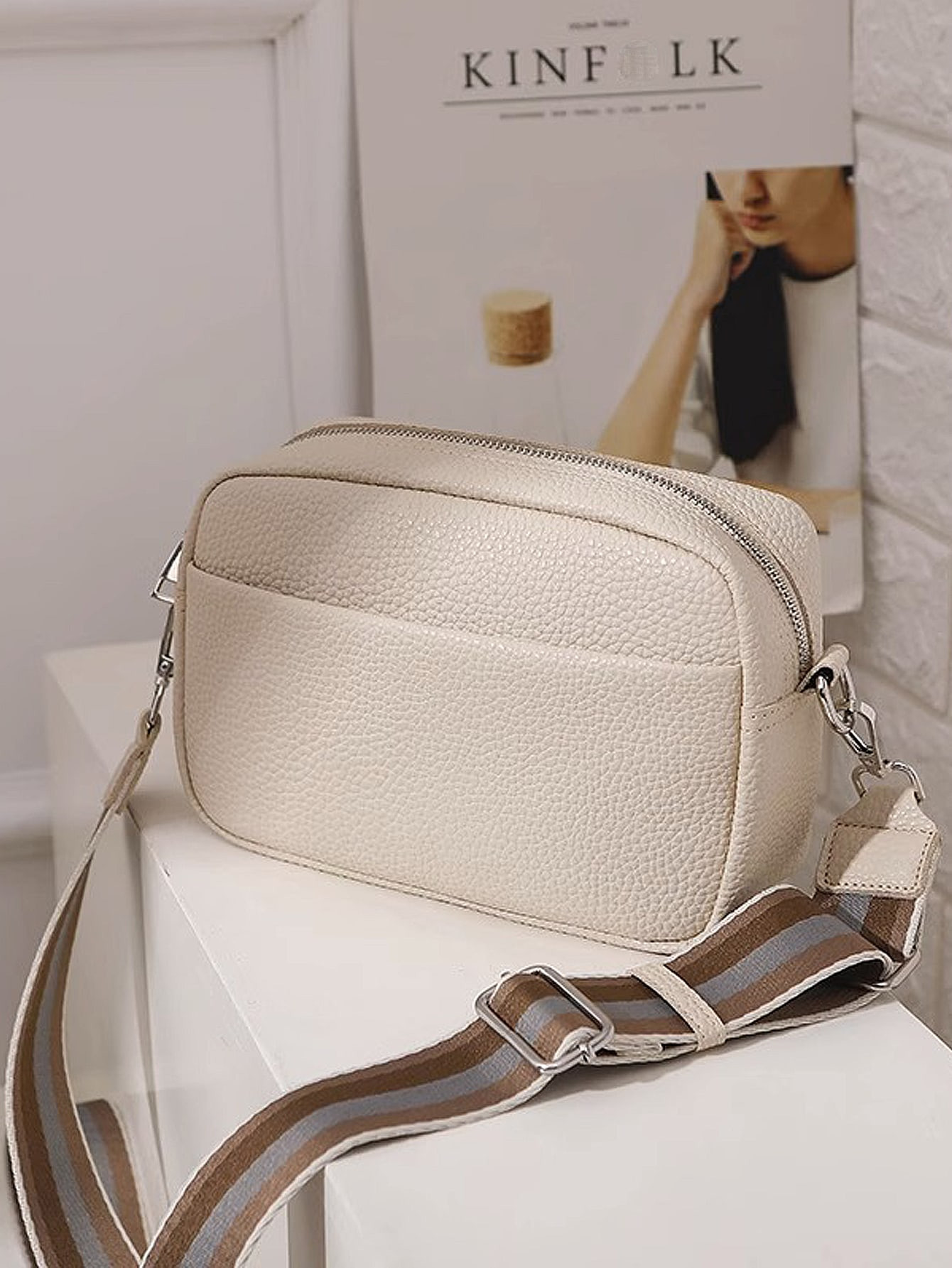 Women PU Leather Zipper Purse - Trendy Square Crossbody Bag with Litchi Pattern Striped Shoulder ... | SHEIN