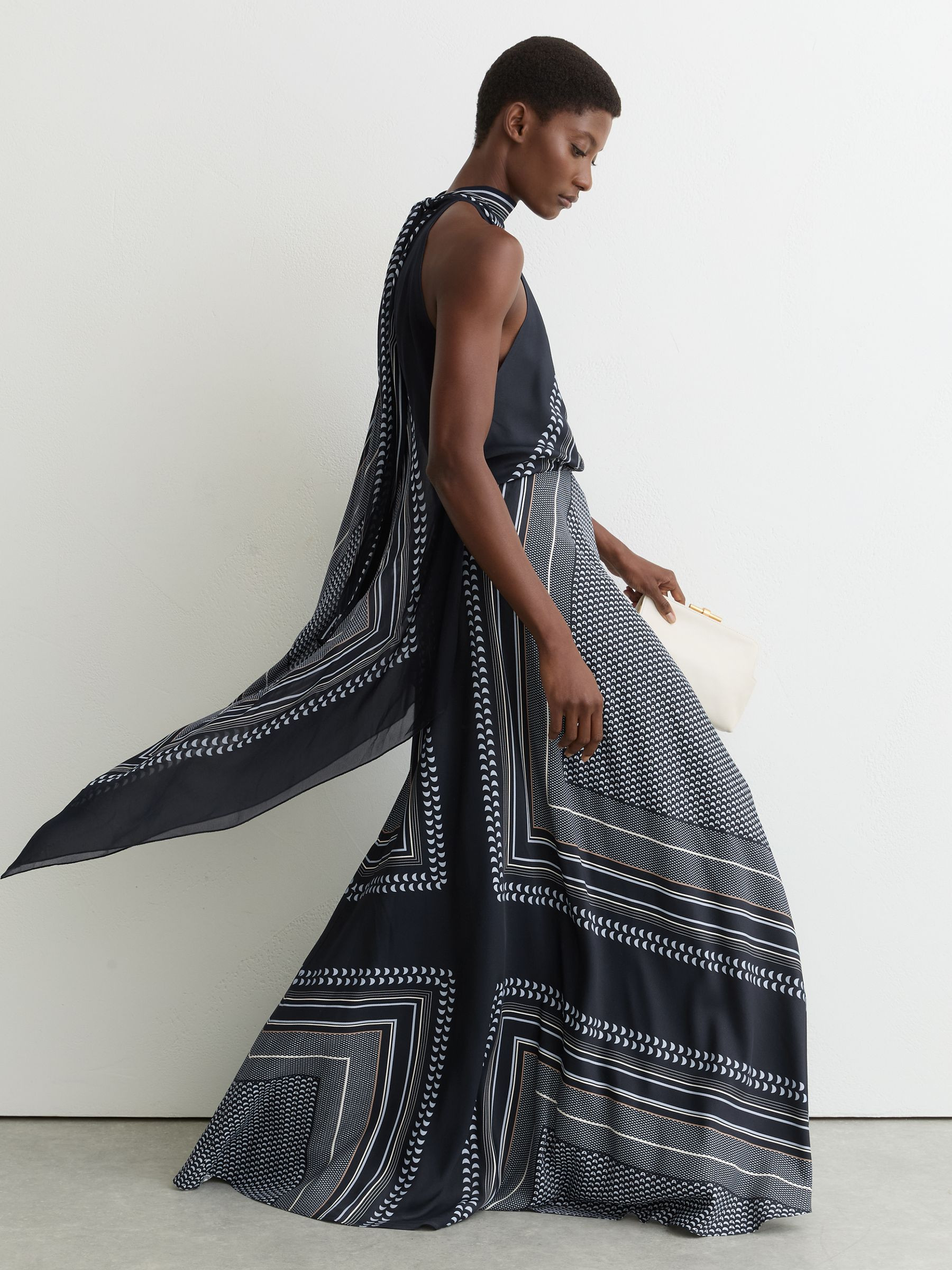Scarf-Print Tie-Neck Maxi Dress in Navy | Reiss US