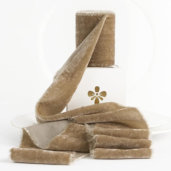 MEEDEE Camel Velvet Ribbon 3 Inch Wide Khaki Velvet Ribbon Frayed Velvet Ribbon Raw Edge Silk Far... | Amazon (US)