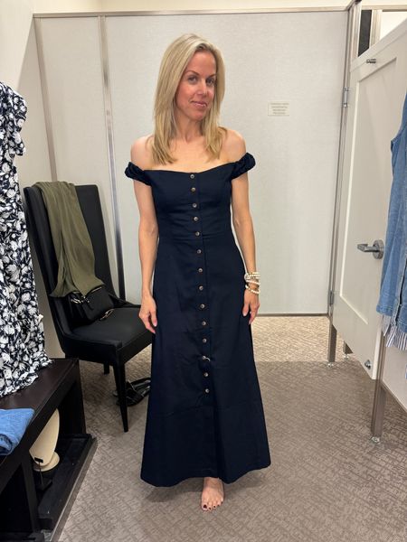 Off-the-shoulder black maxi dress with buttons by Favorite Daughter. Gretchen has been eyeing this dress for a long time and finally tried it- she loved. It’s a dressier look but the buttons also make it sensible and not as fancy. Gretchen had to size down one- try your regular size and then adjust with this one! 

#LTKstyletip #LTKparties #LTKSeasonal