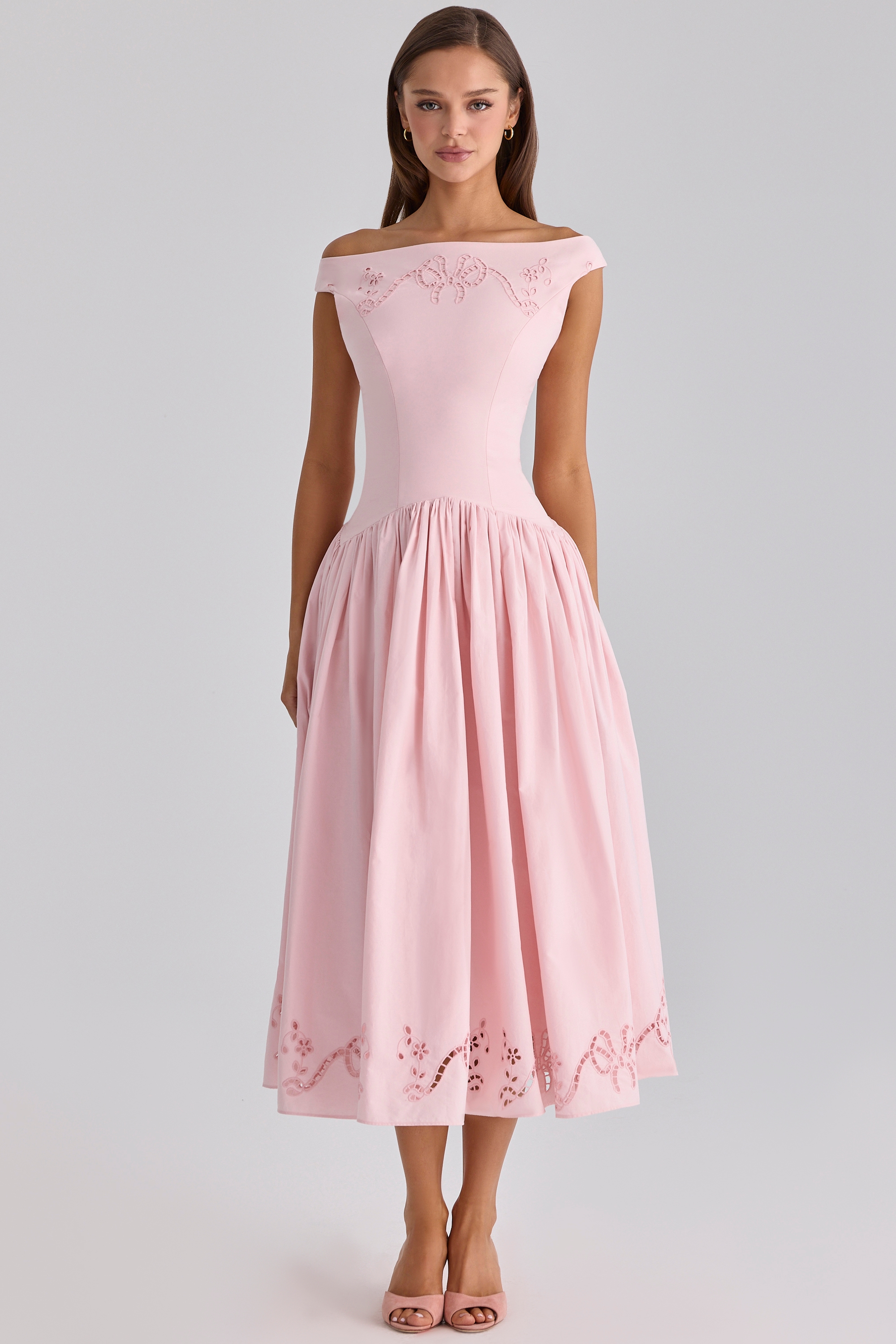 pink cotton broderie anglaise boat neck maxi dress | House of CB
