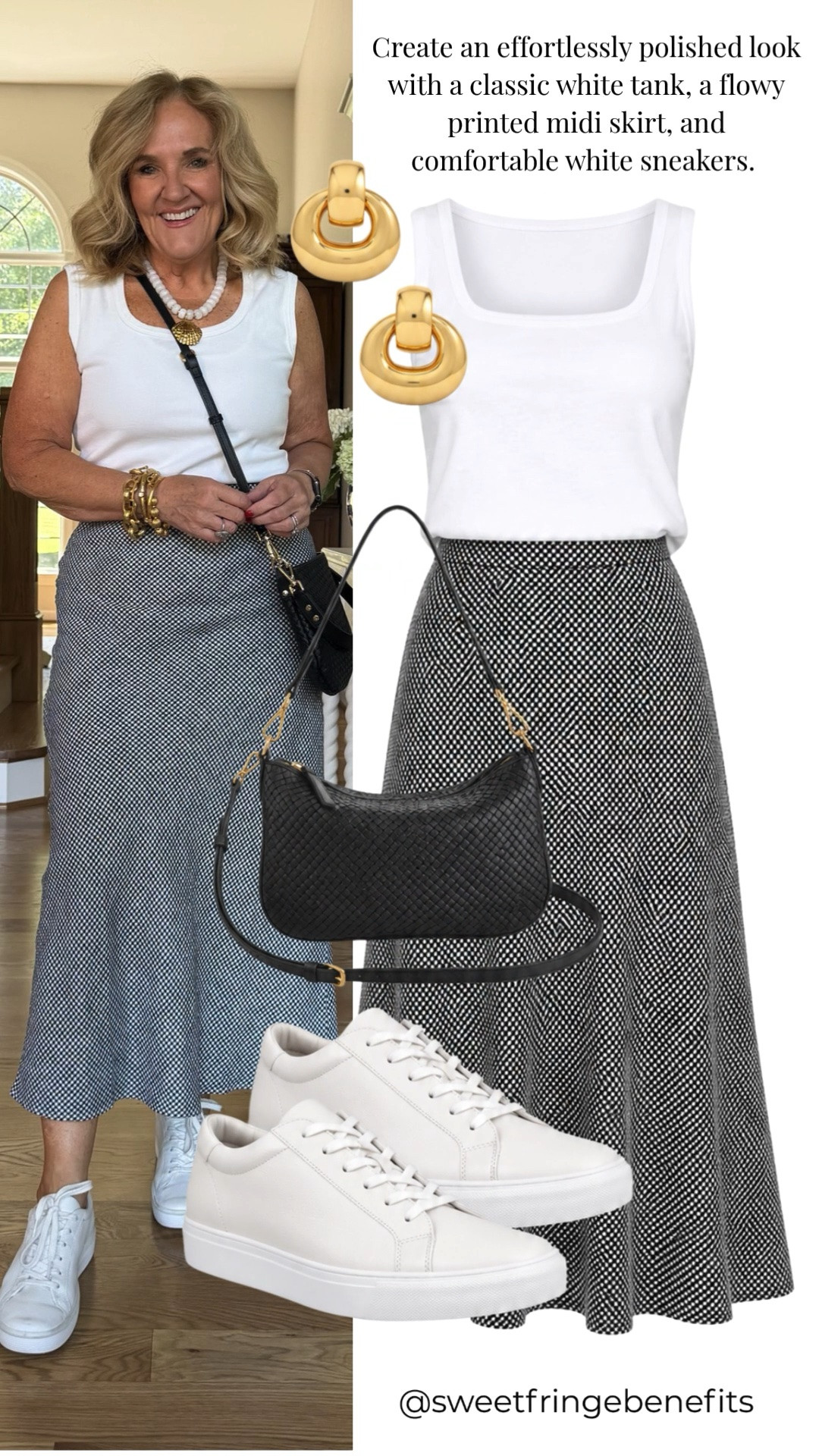 A simple white tank is one of the most versatile pieces you can own! Paired with a flowy printed midi skirt and classic white sneakers, it creates an effortless outfit that's perfect for running errands, travel days, casual lunches, or everyday wear. Finish the look with a woven crossbody for a polished touch.

💡 LTK MADE EASY
❤️ Heart = Support my posts!
🔖 Save = Get sale & restock alerts
📋 Lists = Keep favorites organized
📲 Share = Send lists and products to a friend. Hello, Christmas List!
💬 Comment = Ask me anything about sizing or fit. :-)

#LTKSaleAlert #LTKootd #LTKOver40
