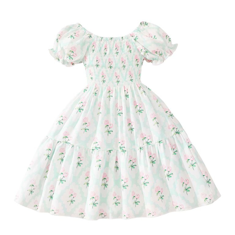 Odeerbi Kids Girls Summer Floral Dress Puff Short Sleeve Pleated Tiered Dress A-Line Dress Little... | Walmart (US)