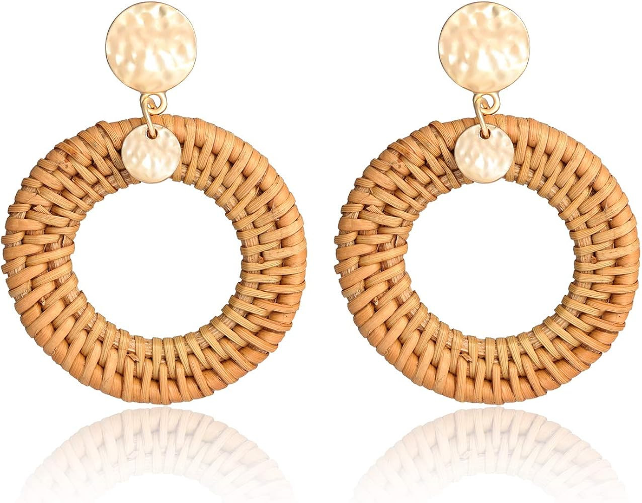 BSJELL Rattan Hoop Earrings Woven Handmade Straw Circle Drop Earrings Hammered Disc Stud Wicker B... | Amazon (US)