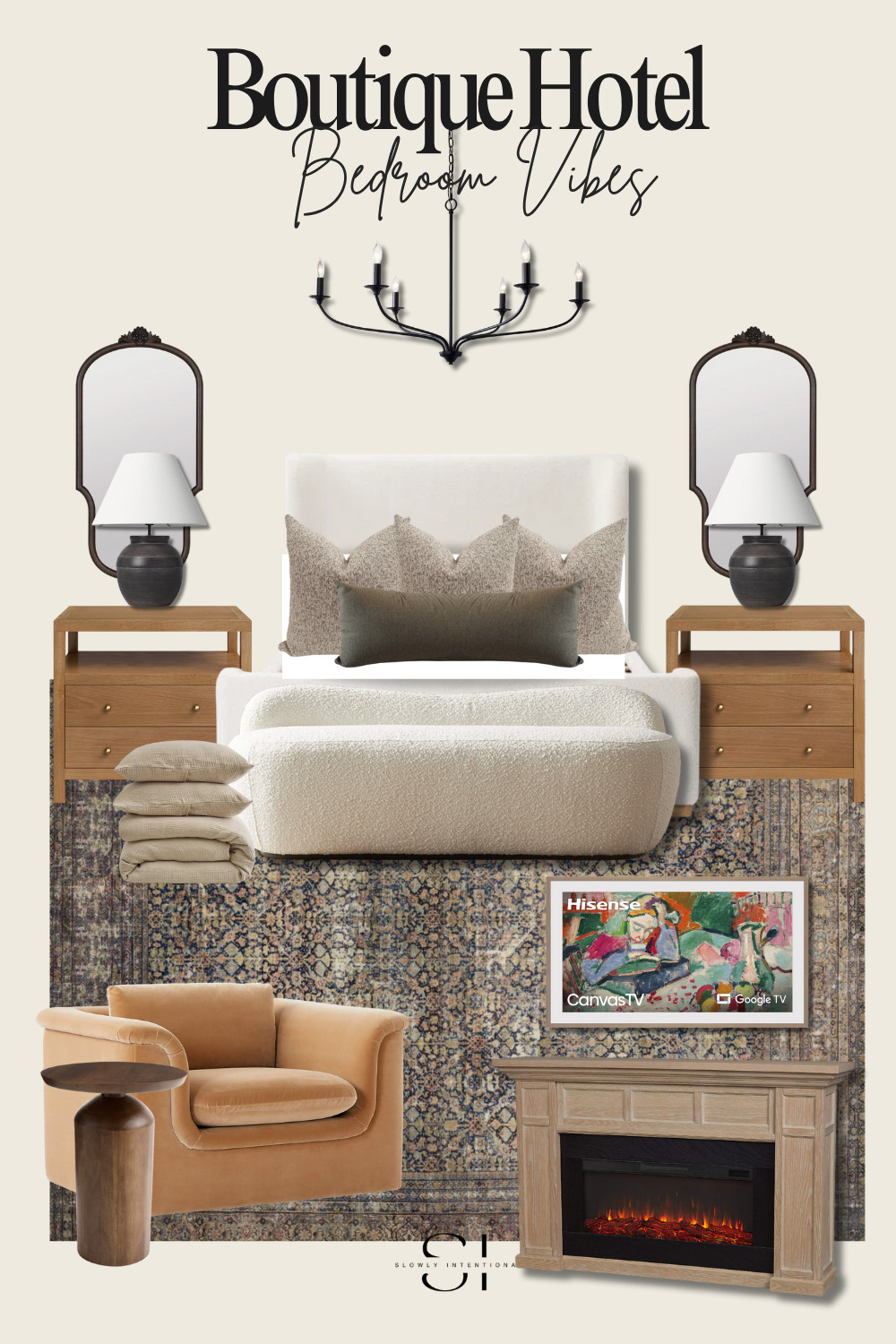 Cozy meets modern in this budget-friendly bedroom setup. I pulled together a boucle bed, wood nightstands, and statement black lamps for a layered look you can recreate without the high-end price tag. The vintage-inspired rug grounds the space, while a caramel accent chair and side table create the perfect reading corner. Add an electric fireplace for year-round ambiance and a smart TV that doubles as wall art—you’re basically in your own boutique hotel suite.

 

 #LTKHome