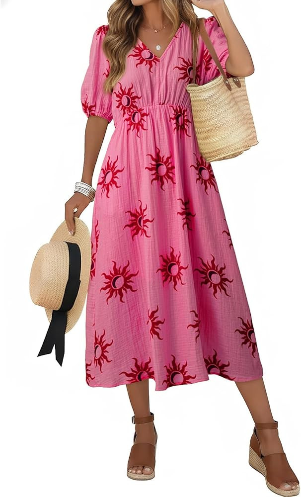 Dokotoo Women's Summer Short Sleeve V Neck Casual Boho Dresses Elastic High Waist Floral Flowy Ma... | Amazon (US)