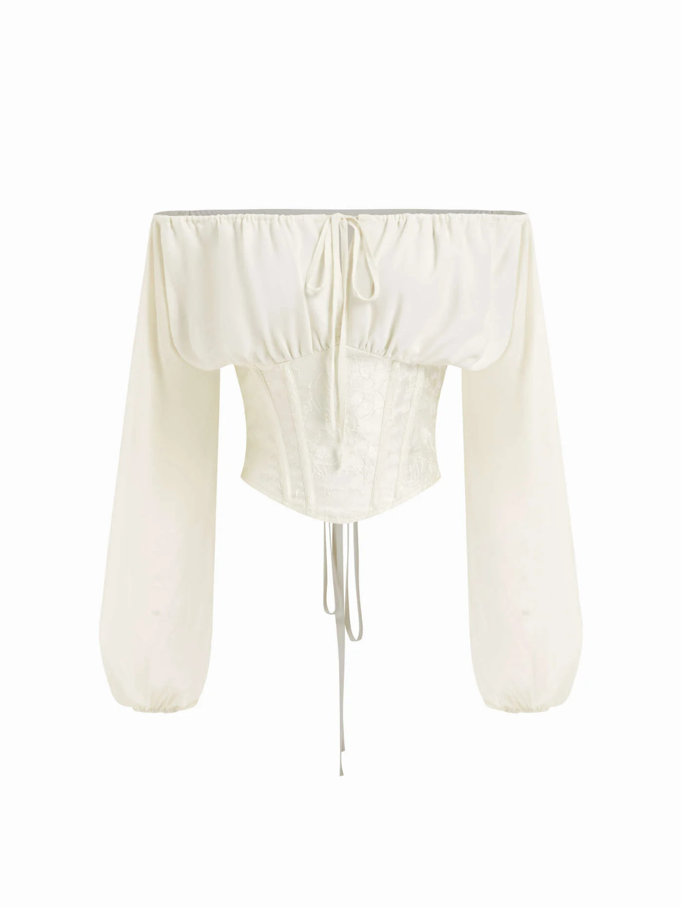 Jacquard Off-shoulder Long Sleeve Knotted Lace Up Corset Blouse | Cider