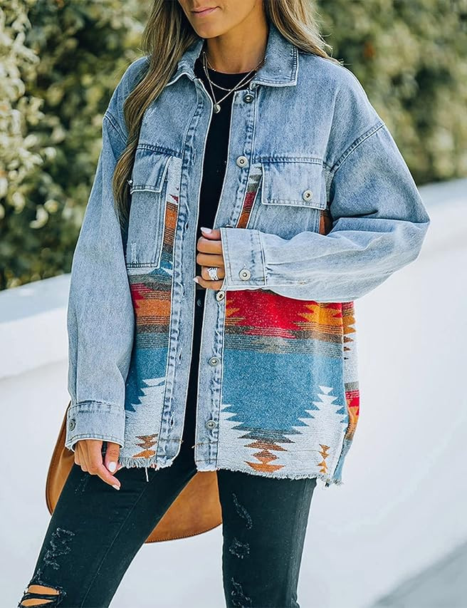 Springrain Womens Aztec Print Shacket Lapel Long Sleeve Button Down Shirt Jacket | Amazon (US)