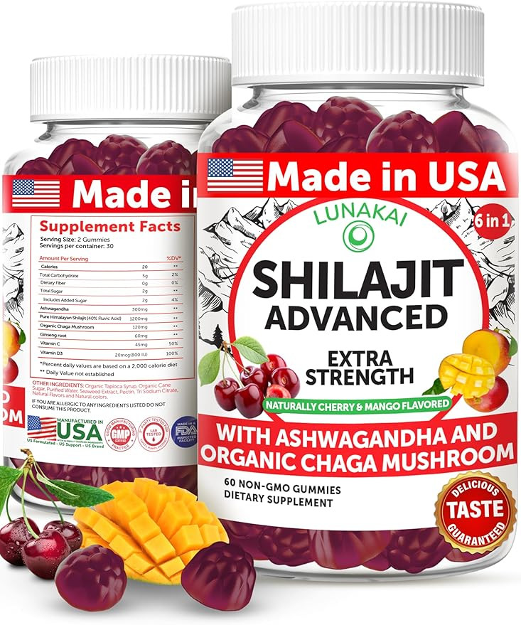 Lunakai USA Made Pure Shilajit Gummies 1200mg with Ashwagandha & Chaga - Himalayan Shilajit for M... | Amazon (US)