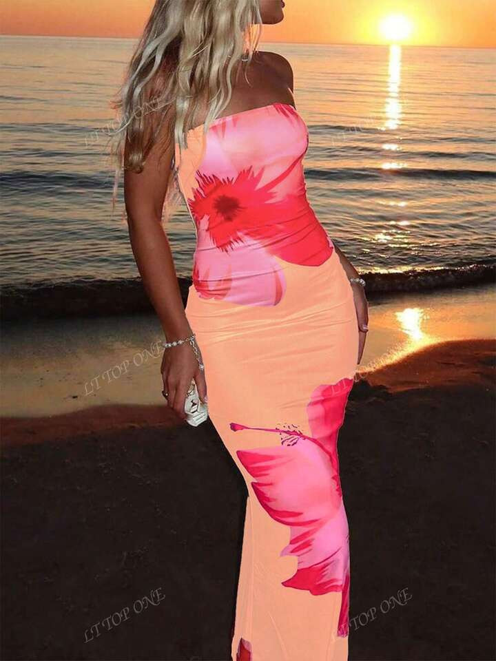 Women's Summer Elegant Vacation Concert Outfit Women Floral Print Tube Top Long Dress Suitable Fo... | SHEIN