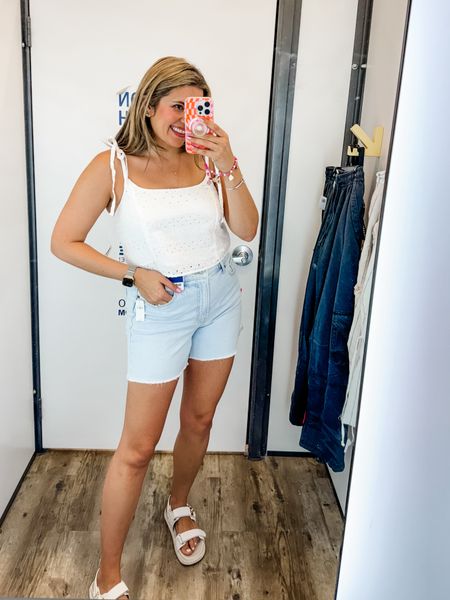 Old Navy size 8 new arrivals try on! @oldnavy 50% off sale! Eyelet tank top runs slightly small. Size up if in between. In a medium. Jean shorts with stretch fit tts! In an 8. 

#LTKFindsUnder50 #LTKSaleAlert #LTKMidsize