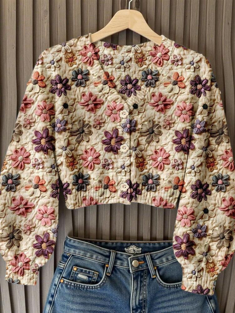 EMERY ROSE Warm Floral Print Pattern Sweater, Women's Versatile Long Sleeve V-Neck Knit Pullover, Suitable For Autumn/Winter Everyday Wear | SHEIN