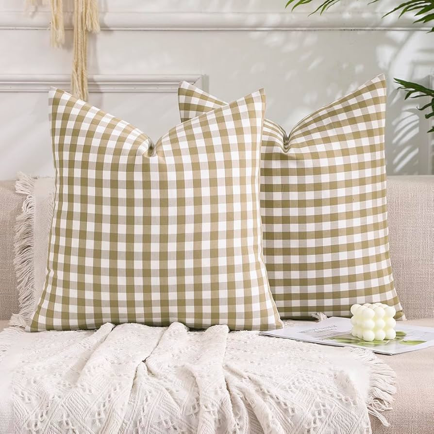CARRIE HOME Brown Gingham Checkered Throw Pillow Covers 18x18 Set of 2, Neutral Modern Farmhouse ... | Amazon (US)