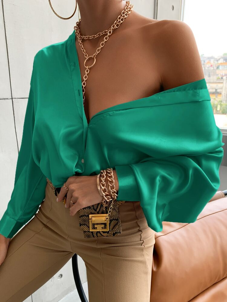 Bishop Sleeve Button Up Satin Shirt | SHEIN