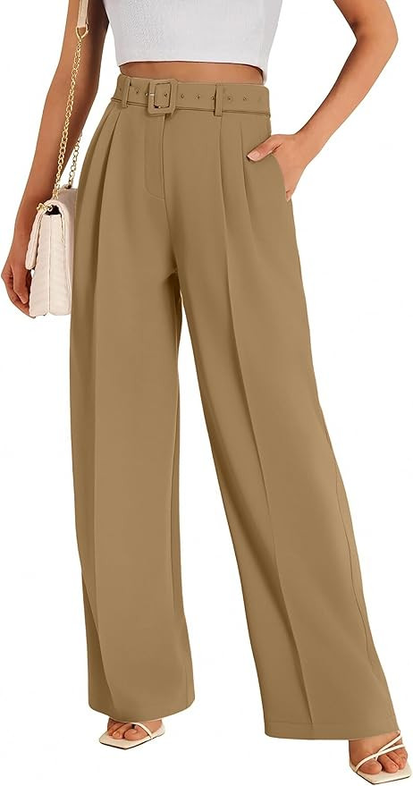 FUNYYZO Women's High Waist Wide Leg Pants Business Work Office Casual Long Pants Belted Trousers | Amazon (US)
