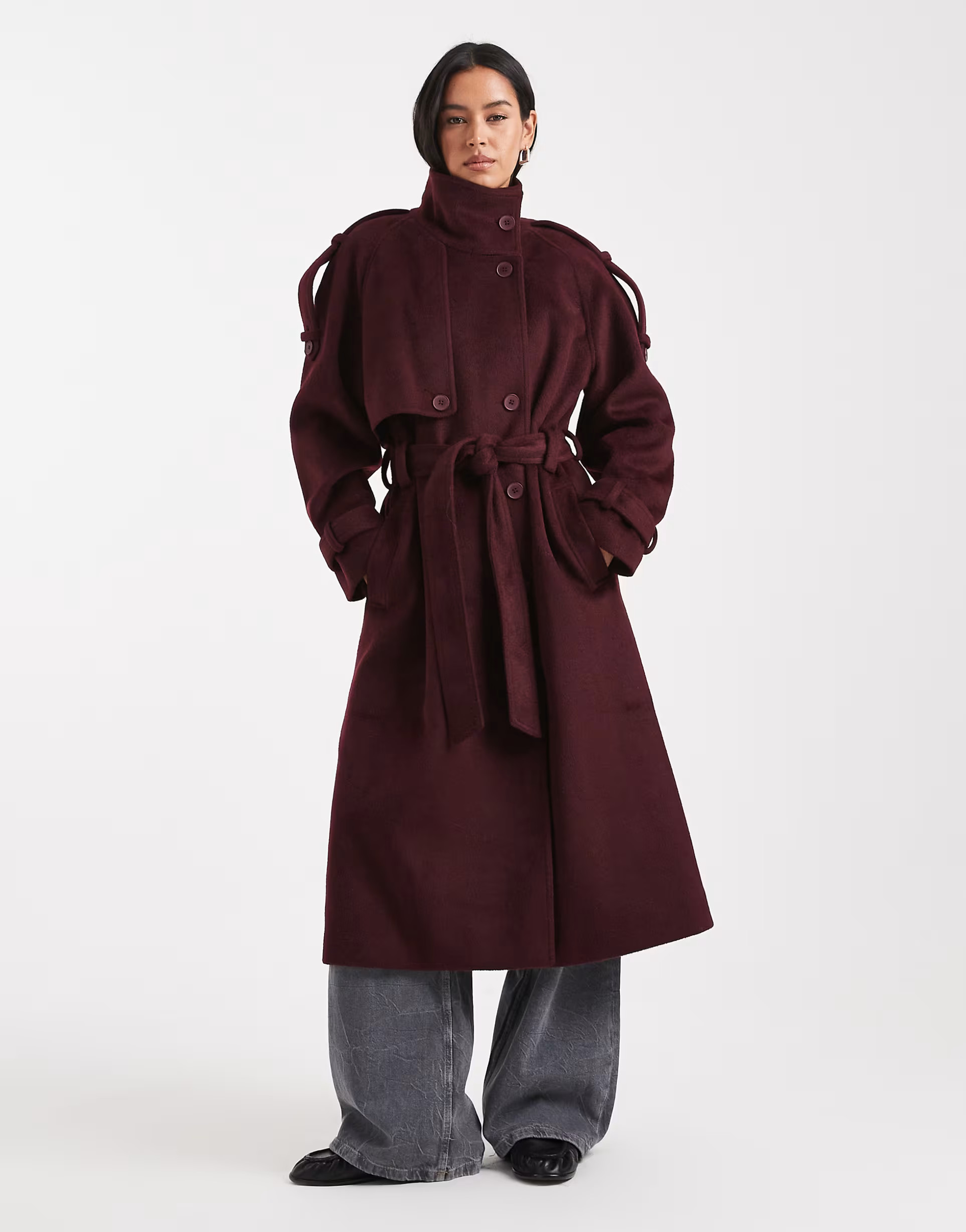 ASOS DESIGN formal longline funnel neck trench coat in burgundy | ASOS (Global)