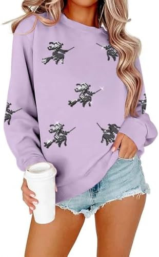 MYHALF Halloween Sweatshirts Women Colorful Sequin Ghost Graphic Pullover Shirt Halloween Witch C... | Amazon (US)