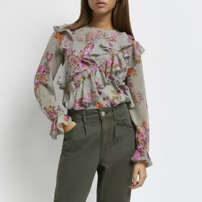 Green floral lace trim blouse | River Island (UK & IE)