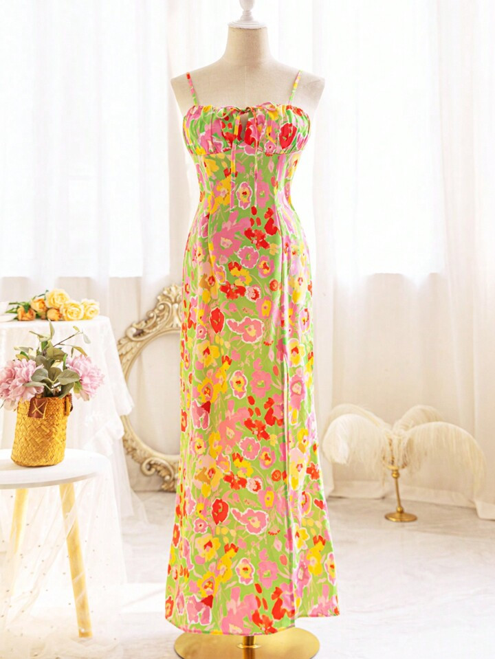 SHEIN WYWH WYWH Women Vacation Style Green Floral Printed Elegant Front Middle Split Spaghetti St... | SHEIN