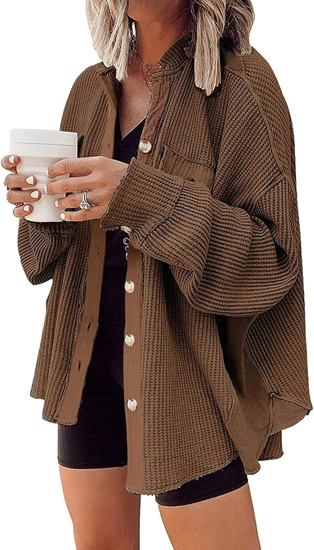 Womens Waffle Knit Shacket Boyfriend Shirt Jacket Button Down Blouse Loose Fit Long Sleeve Tops with Pocket | Amazon (US)