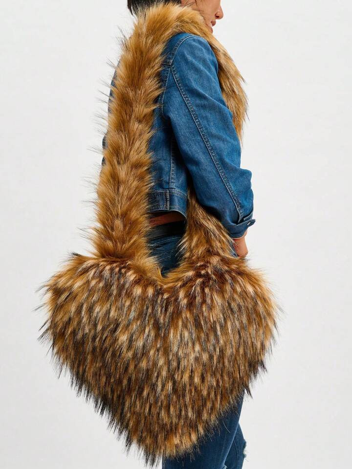 TrendsNew Stylish Large Fluffy Heart-Shaped Goth Style Shell Plush Handbag Shoulder Bag, New Arri... | SHEIN