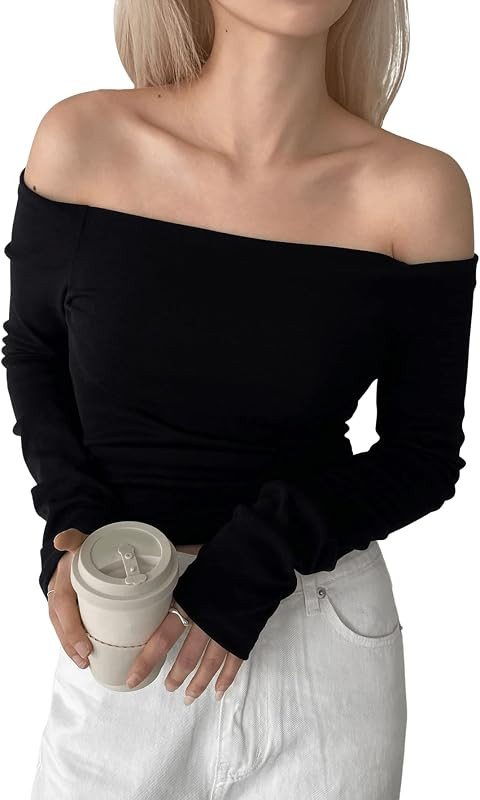 SweatyRocks Women's Long Sleeve Off Shoulder Tee Causal Slim Fit Stretchy Shirts Blouses Top | Amazon (US)
