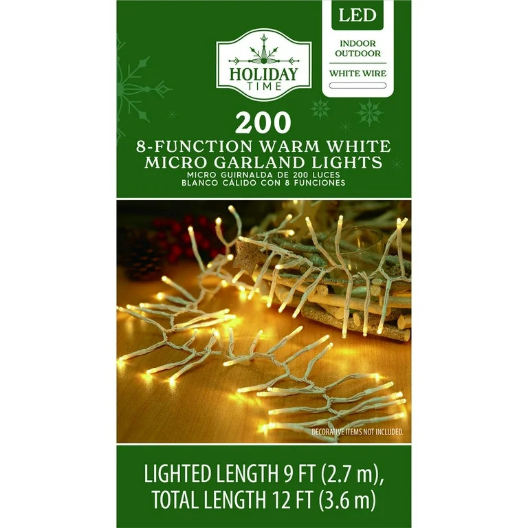 200-Count 8-Function Warm White LED Micro Garland Christmas Lights on White Wire, 12', Holiday Ti... | Walmart (US)