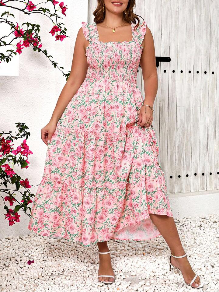 SHEIN Frenchy Plus size ditsy bloemen ruche zoom vakantie stijl zomer cami jurk bruids douche jur... | SHEIN