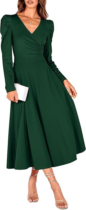 PRETTYGARDEN Women's 2023 Fall Midi Dress Puff Long Sleeve Wrap V Neck A Line Flowy Casual Elegan... | Amazon (US)