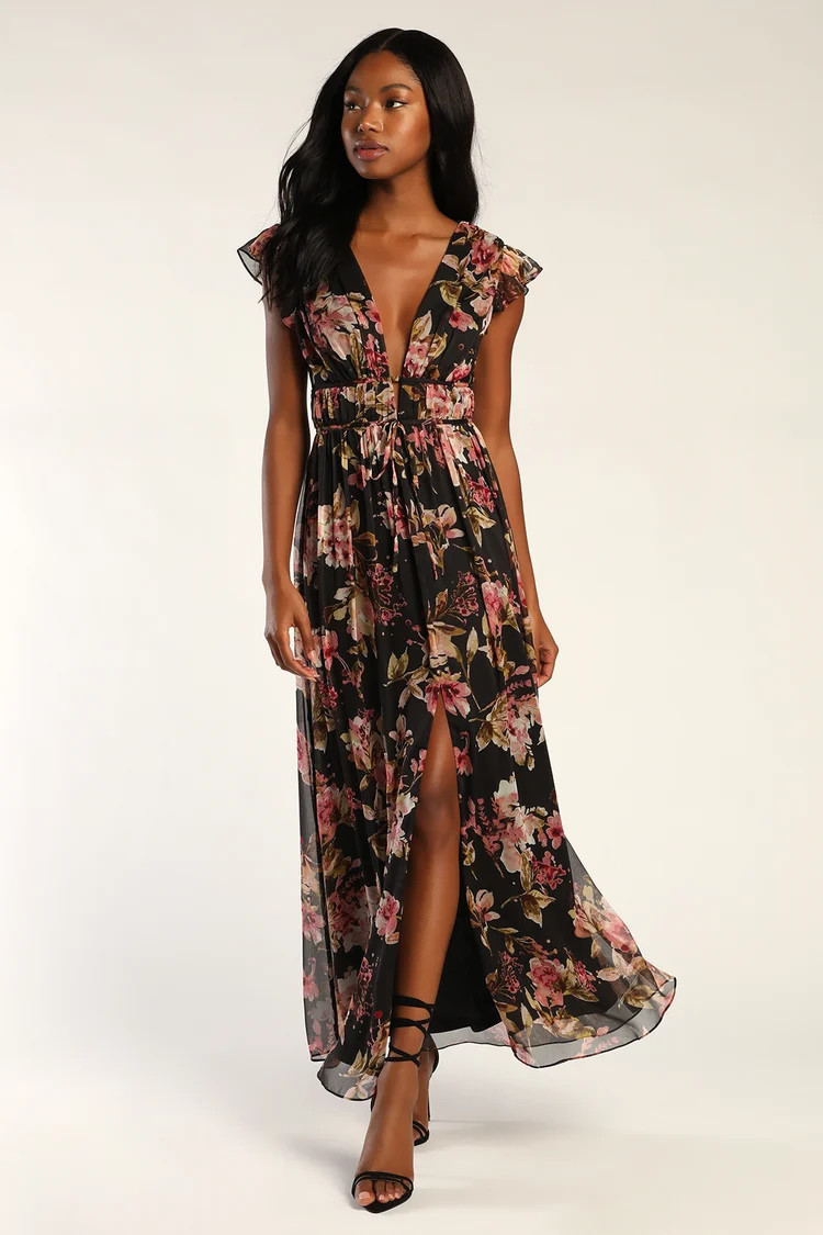 I'm All Yours Black Floral Print Ruffled Maxi Dress | Lulus (US)