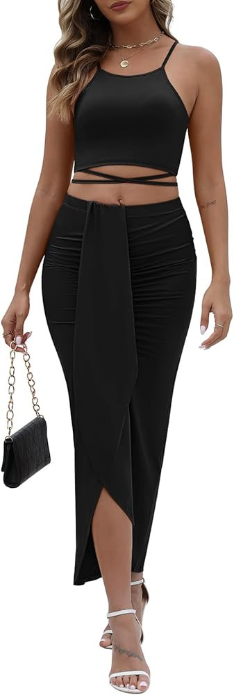 HUUSA Women's Sexy 2 Piece Skirt Sets Elegant Bodycon Maxi Dress Sleeveless Tank Shirt Tops High ... | Amazon (US)