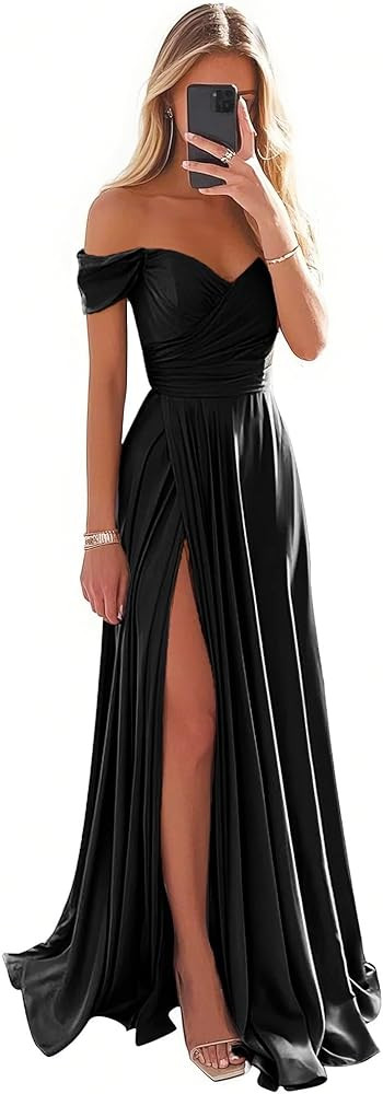 PEIYJYUSP Off Shoulder Satin Bridesmaid Dresses for Women Corset Prom Dress Long Ruched A Line Fo... | Amazon (US)
