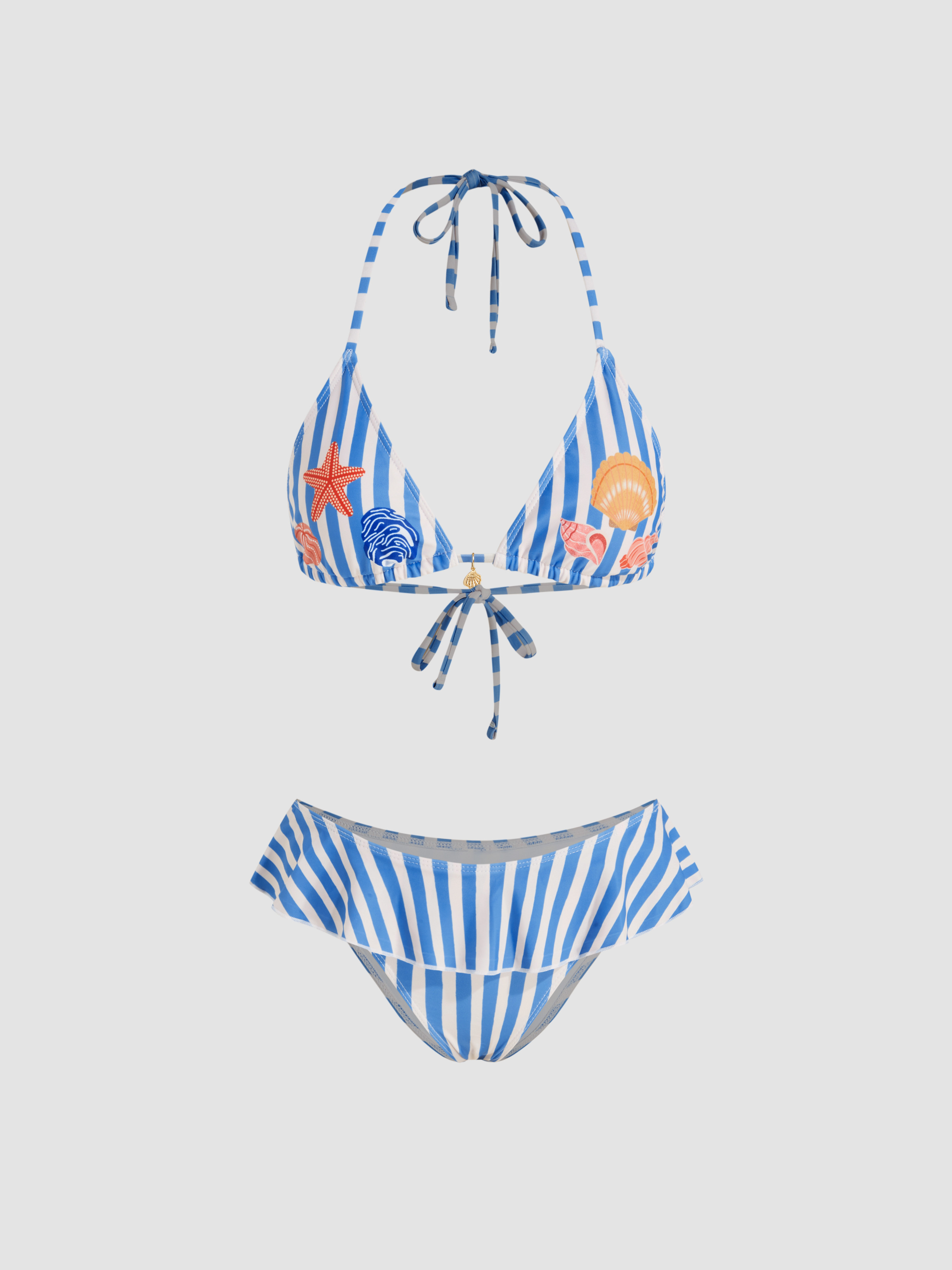 Jersey Halter Neckline Stripe Shell Detail Ruffle Triangle Cheeky Bikini Set For Vacation Swimmin... | Cider